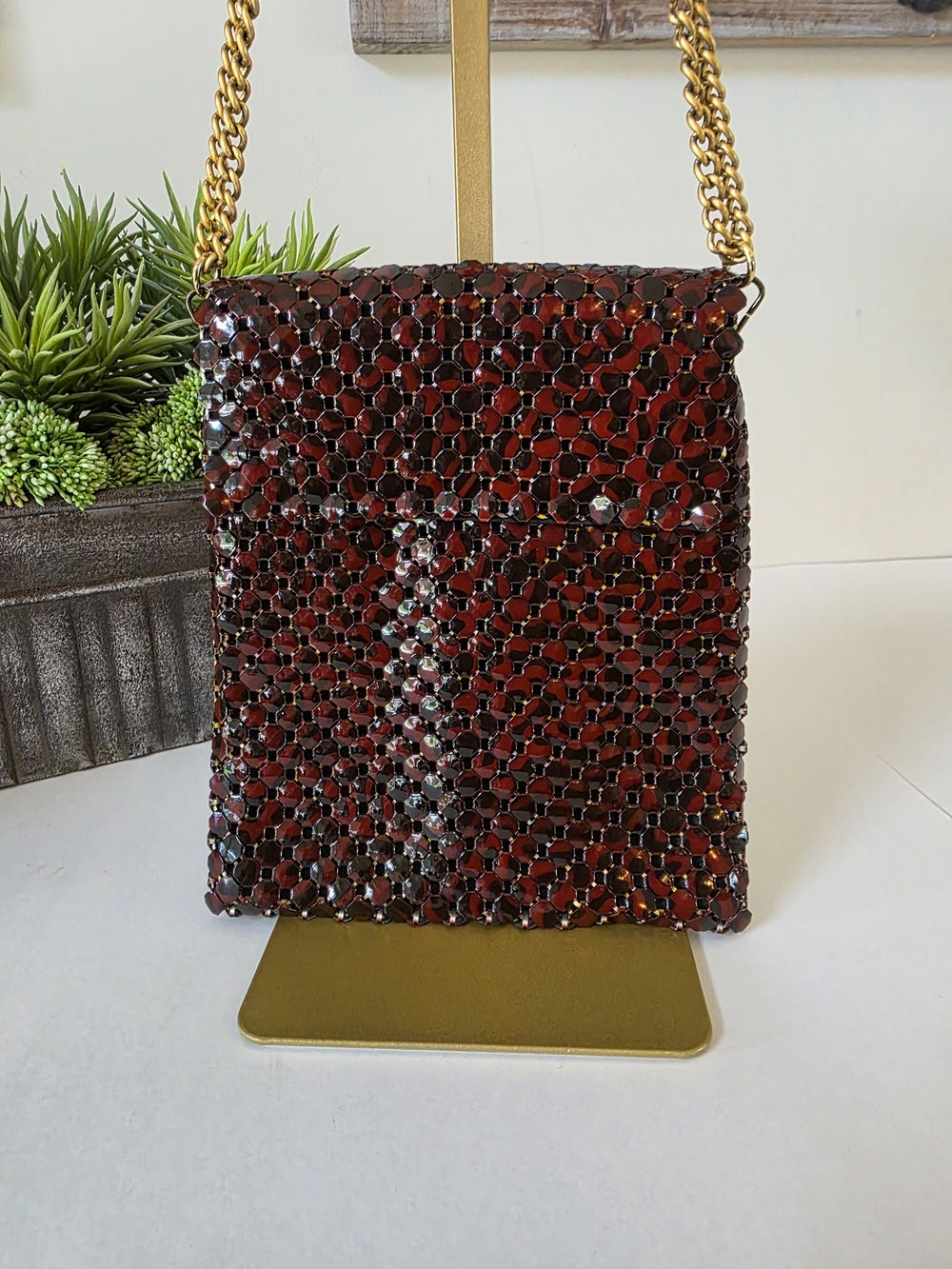 Vintage Whiting & Davis Red Brown Tortoise Enameled Metal Mesh Shoulder Bag - Picture 2 of 11